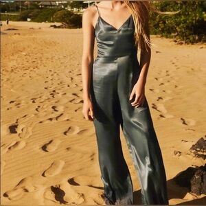 Zara Satin Jumpsuit in Olive Green